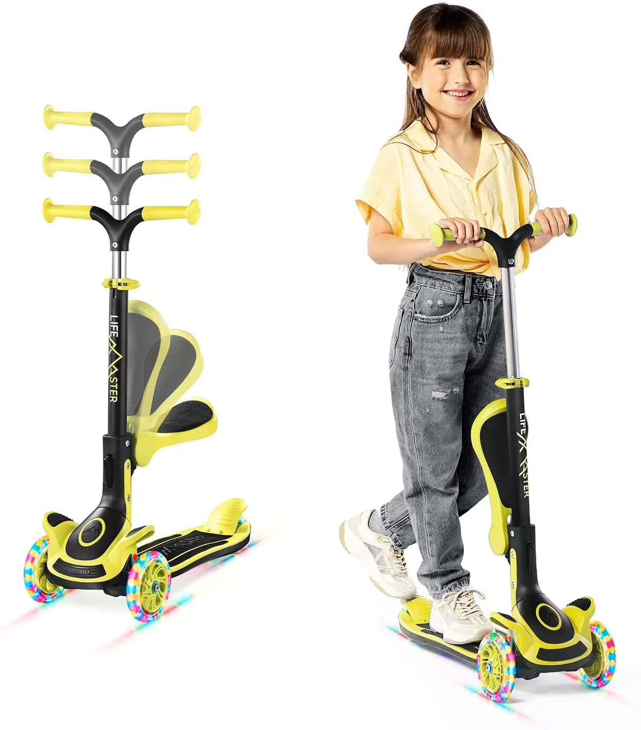 Kids Scooter – Foldable Seat – LED Wheel Lights Illuminate When Rolling – Children and Toddler 3 Wheel Kick Scooter – Adjustable Handlebar – Indoor and Outdoor- by Lifemaster