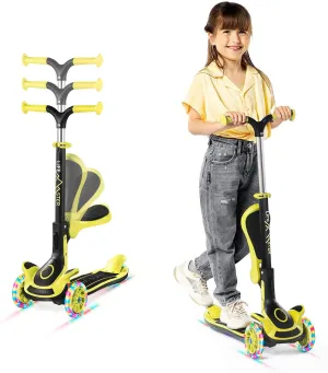 Kids Scooter – Foldable Seat – LED Wheel Lights Illuminate When Rolling – Children and Toddler 3 Wheel Kick Scooter – Adjustable Handlebar – Indoor and Outdoor- by Lifemaster