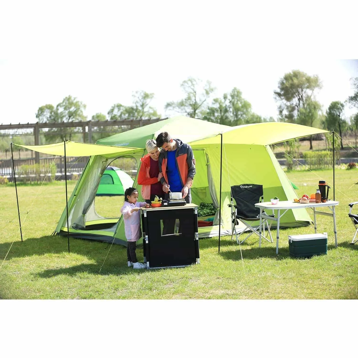 KingCamp Foldable Cook Prep Station Serve Cart Camper's Kitchen Aluminum Frame Bamboo Desktop Cooking Table with Storage Organizer, Windscreen for Camping, Picnic, BBQ and Outdoor