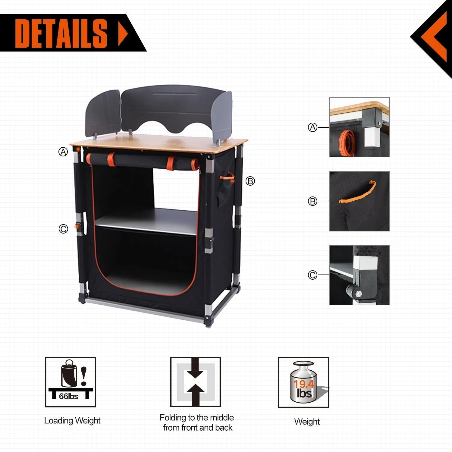 KingCamp Foldable Cook Prep Station Serve Cart Camper's Kitchen Aluminum Frame Bamboo Desktop Cooking Table with Storage Organizer, Windscreen for Camping, Picnic, BBQ and Outdoor