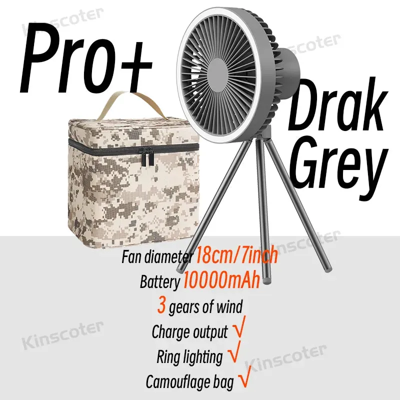 KINSCOTER 10000mAh Camping Tent Fan Multifunctional Rechargeable Desktop Fan USB Outdoor Ceiling Fan with LED Light Lamp