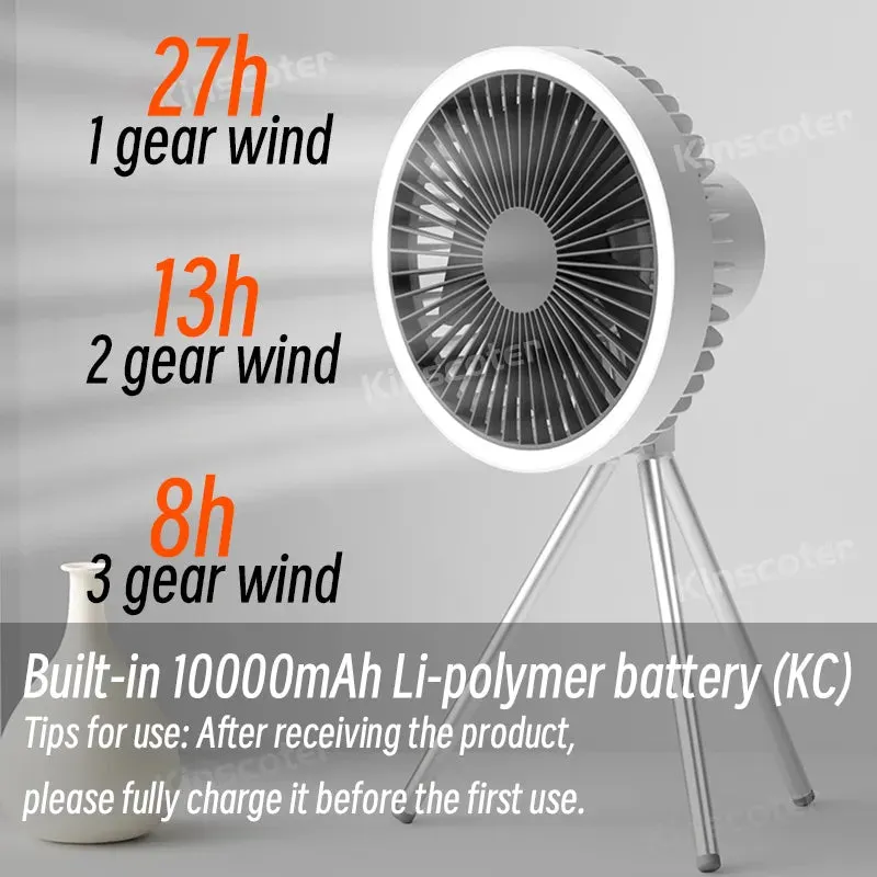 KINSCOTER 10000mAh Camping Tent Fan Multifunctional Rechargeable Desktop Fan USB Outdoor Ceiling Fan with LED Light Lamp