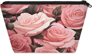 KOBLEN Blush Roses With Leaves Small Cosmetic Bag for Women, Waterproof Makeup Bag with 2 Inner Mesh Pockets, Portable Travel Toiletry Bag for Business, Family Trips, Camping, Beach