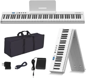 KONIX Folding Piano Keyboard, 88 Key Full Size Semi Weighted Foldable Keyboard Piano, Portable Bluetooth Electric Piano with Sheet Music Stand, Sustain Pedal and Piano Bag, White