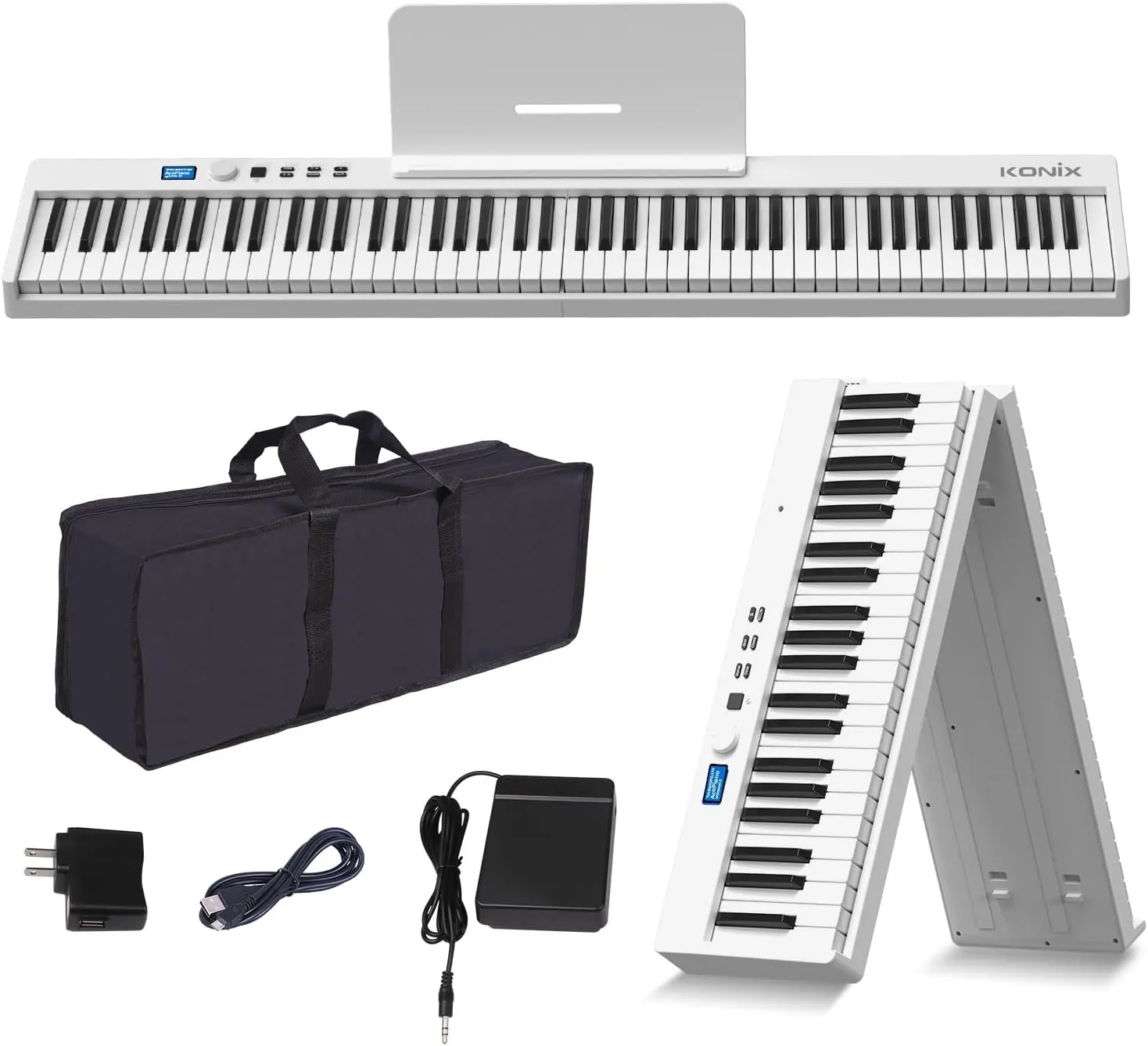 KONIX Folding Piano Keyboard, 88 Key Full Size Semi Weighted Foldable Keyboard Piano, Portable Bluetooth Electric Piano with Sheet Music Stand, Sustain Pedal and Piano Bag, White