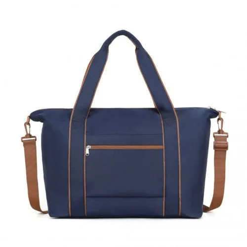 Kono Lightweight Waterproof Weekender Tote Bag Foldable Cabin Flight Duffel Ideal for Underseat Carry-On Travel - Navy/Brown