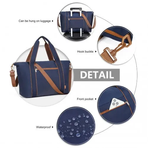 Kono Lightweight Waterproof Weekender Tote Bag Foldable Cabin Flight Duffel Ideal for Underseat Carry-On Travel - Navy/Brown