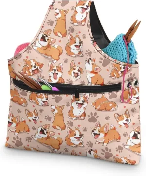 KUIFORTI Dog Yarn Bag Crochet Bag Cute Corgi Yarn Project Bag Knitting Bag Lightweight Kniting Wrist Bag Large Size