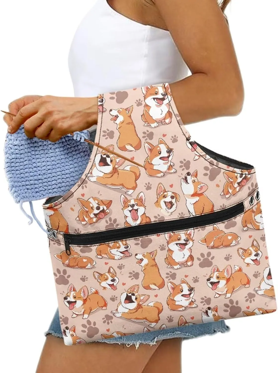KUIFORTI Dog Yarn Bag Crochet Bag Cute Corgi Yarn Project Bag Knitting Bag Lightweight Kniting Wrist Bag Large Size