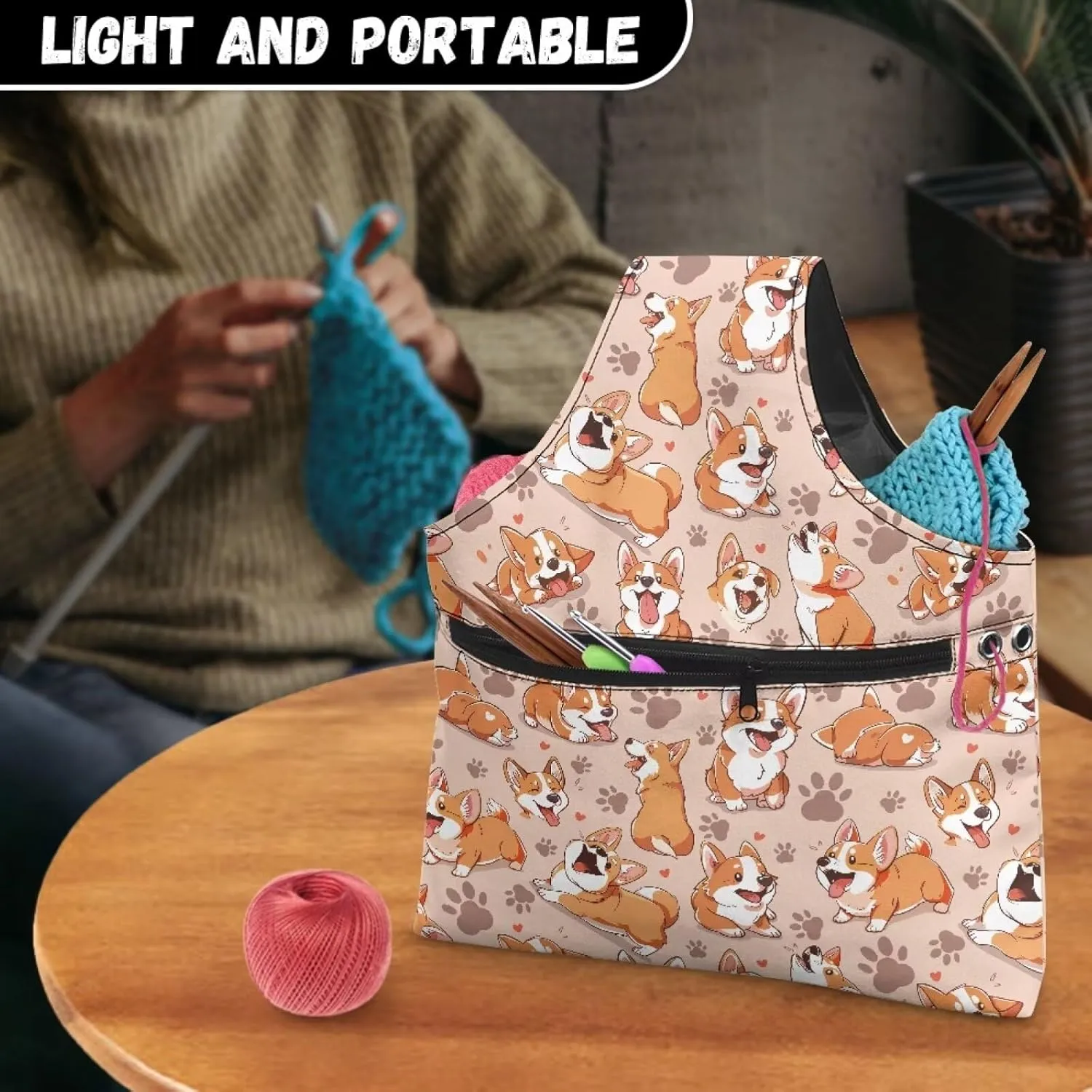 KUIFORTI Dog Yarn Bag Crochet Bag Cute Corgi Yarn Project Bag Knitting Bag Lightweight Kniting Wrist Bag Large Size