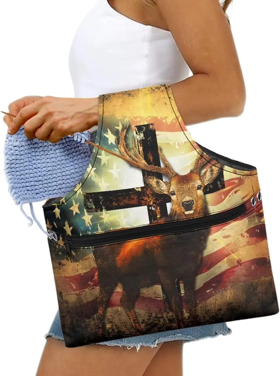 KUIFORTI Elk Yarn Bag USA Flag Crochet Tote Bag Yarn Storage Organizer Travel Lightweight for Crocheting on The Go Gifts for Mom