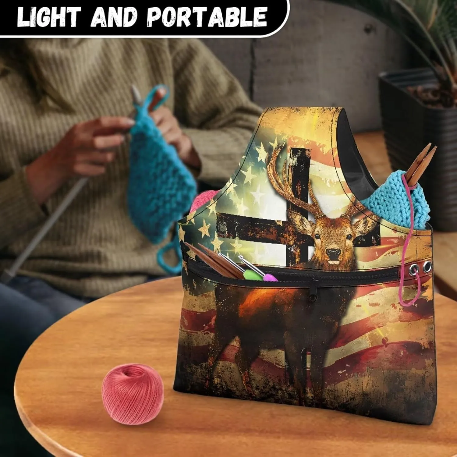 KUIFORTI Elk Yarn Bag USA Flag Crochet Tote Bag Yarn Storage Organizer Travel Lightweight for Crocheting on The Go Gifts for Mom