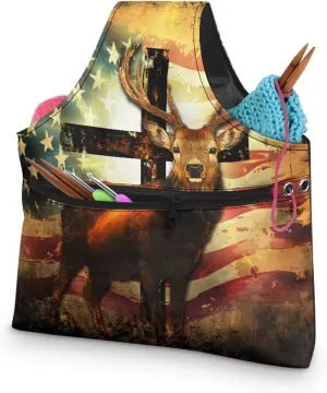 KUIFORTI Elk Yarn Bag USA Flag Crochet Tote Bag Yarn Storage Organizer Travel Lightweight for Crocheting on The Go Gifts for Mom