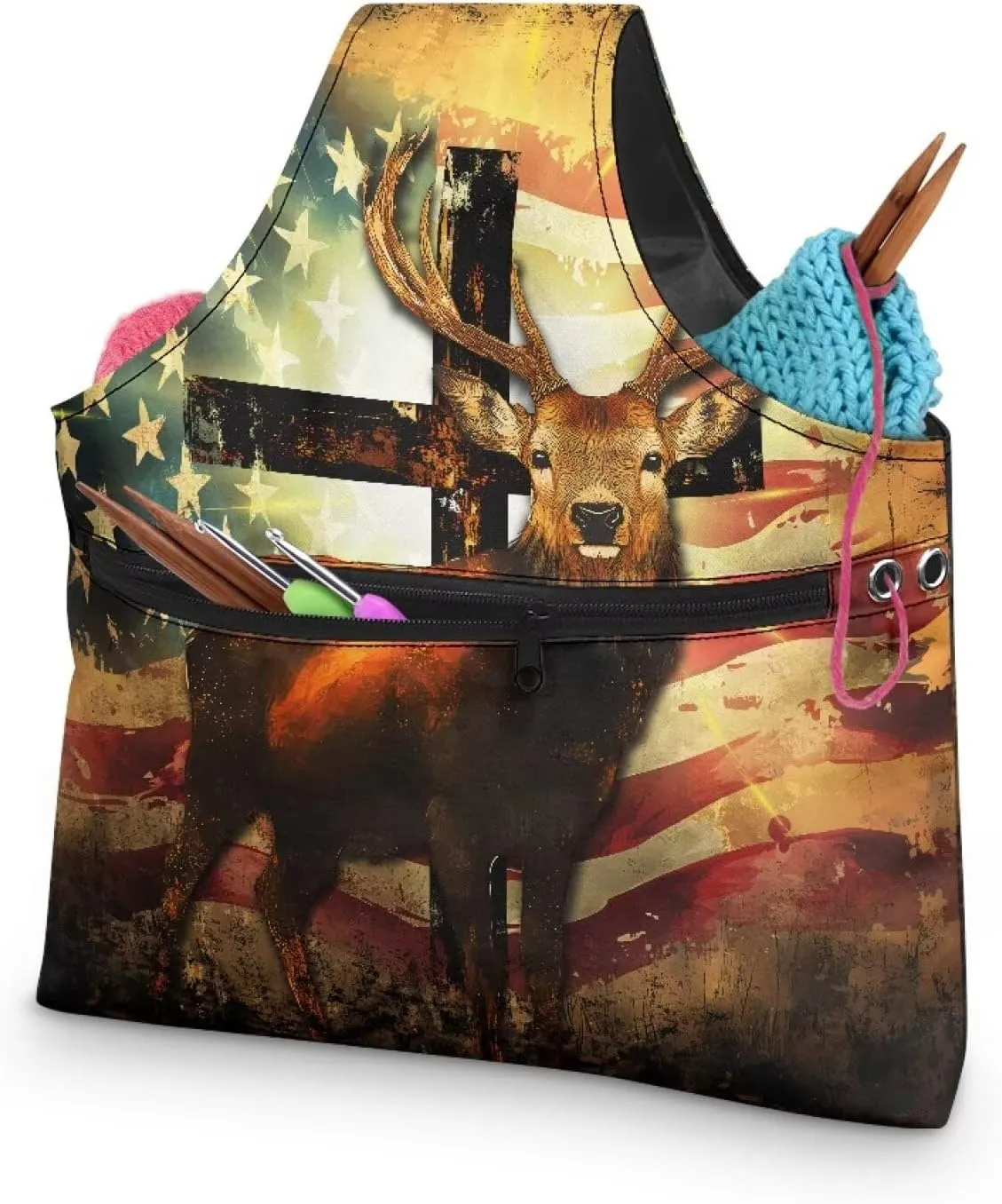 KUIFORTI Elk Yarn Bag USA Flag Crochet Tote Bag Yarn Storage Organizer Travel Lightweight for Crocheting on The Go Gifts for Mom