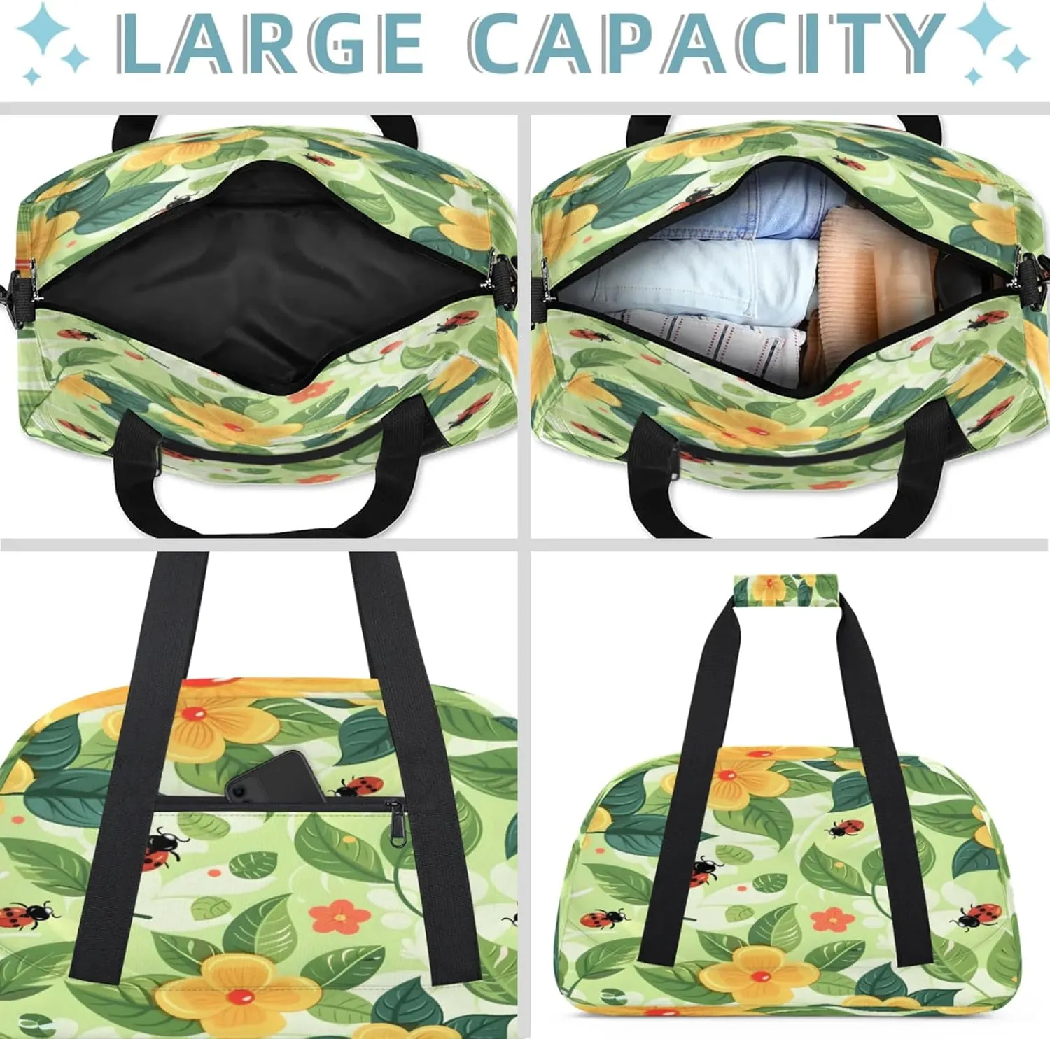 Ladybugs Small Gym Bag 18 inch Carry On Duffel Bag for Weekender Travel Sports Workout Yoga Gymnastics Dance Ballet