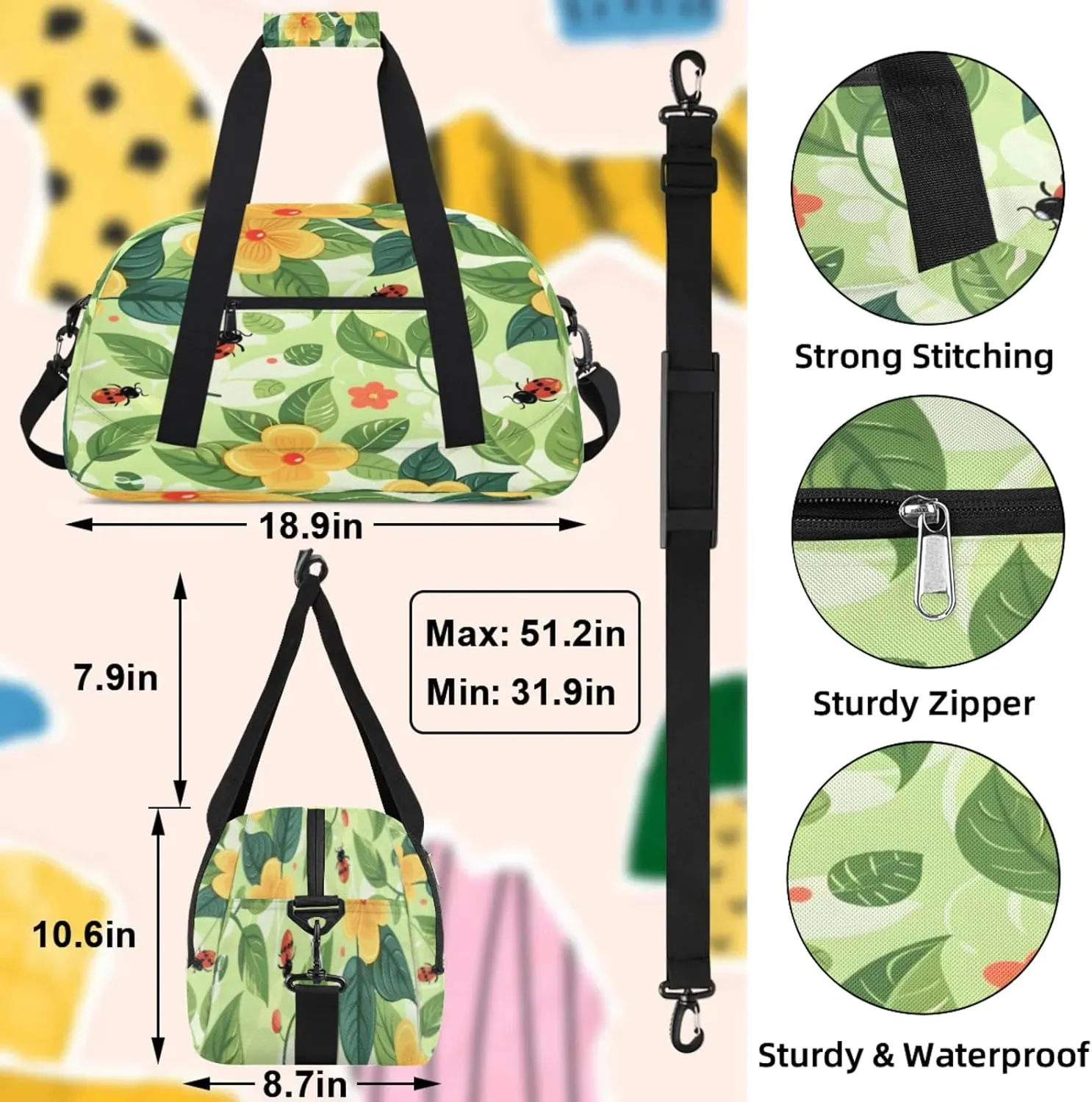 Ladybugs Small Gym Bag 18 inch Carry On Duffel Bag for Weekender Travel Sports Workout Yoga Gymnastics Dance Ballet