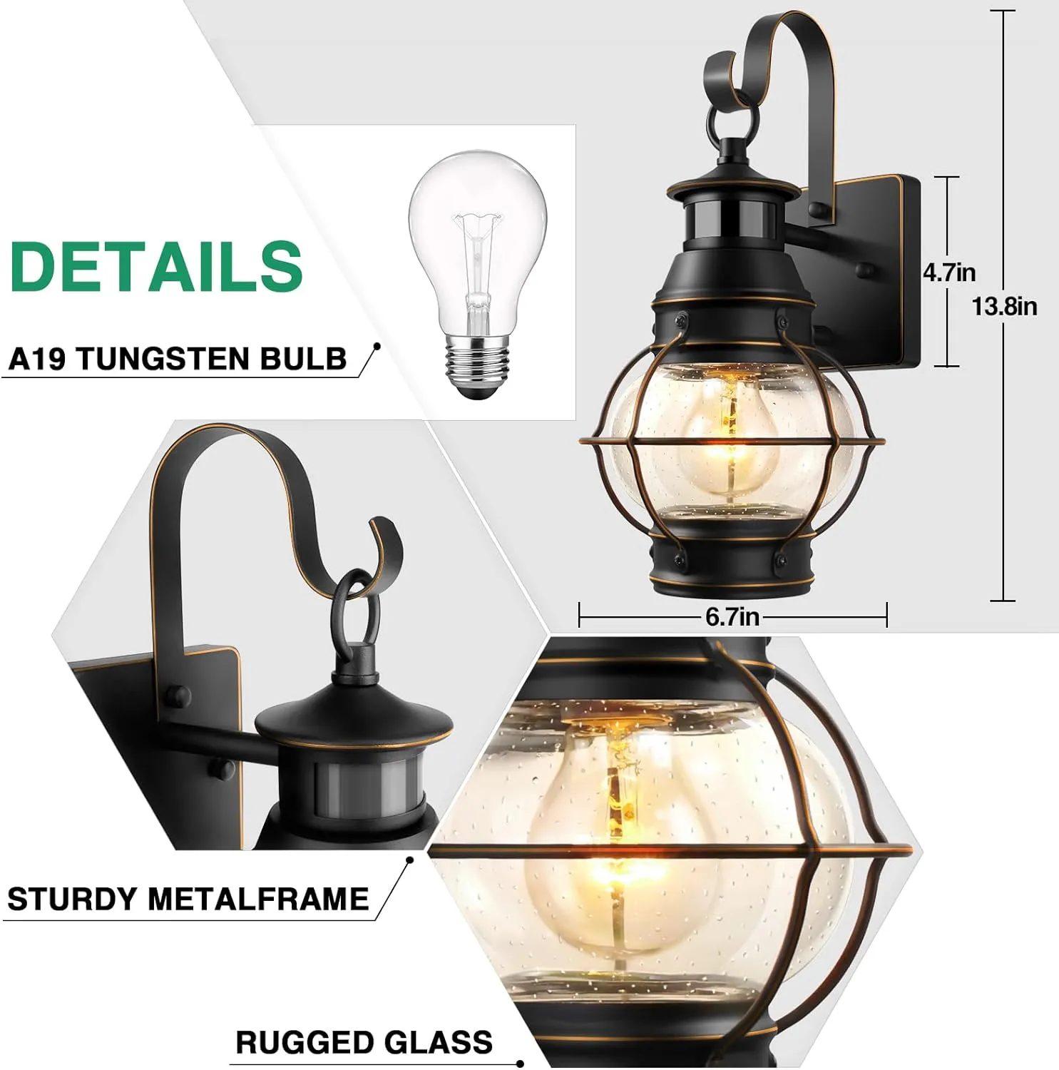 Lamomo Outdoor Wall Sconce,2 Pack Black Dusk to Dawn Motion Sensor Light Fixtures, Exterior Metal Waterproof Porch Lights for House Patio(No Bulb)
