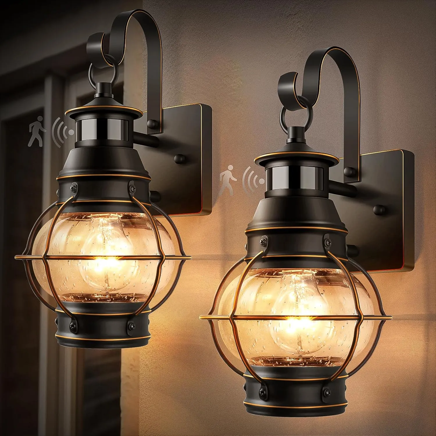 Lamomo Outdoor Wall Sconce,2 Pack Black Dusk to Dawn Motion Sensor Light Fixtures, Exterior Metal Waterproof Porch Lights for House Patio(No Bulb)