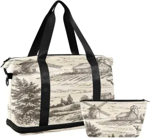Landscape with Windmill Sports Gym Bag with Waterproof Dry Wet Pocket, Travel Duffel Bag for Women Men，Workout Bag Fits Yoga, Swimming