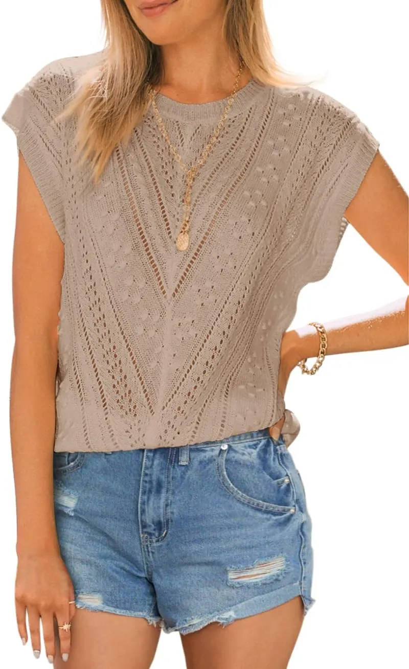 Langwyqu Womens Cap Sleeve Tops Summer Crew Neck Shirt Lightweight Crochet Knit Sweater