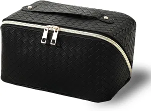 Large Capacity Travel Makeup Bag for Women - Waterproof PU Leather Cosmetic Bag with Handle, Portable Makeup Organizer Pouch w/Compartments, Foldable Toiletry Bag for Cosmetics (Black)