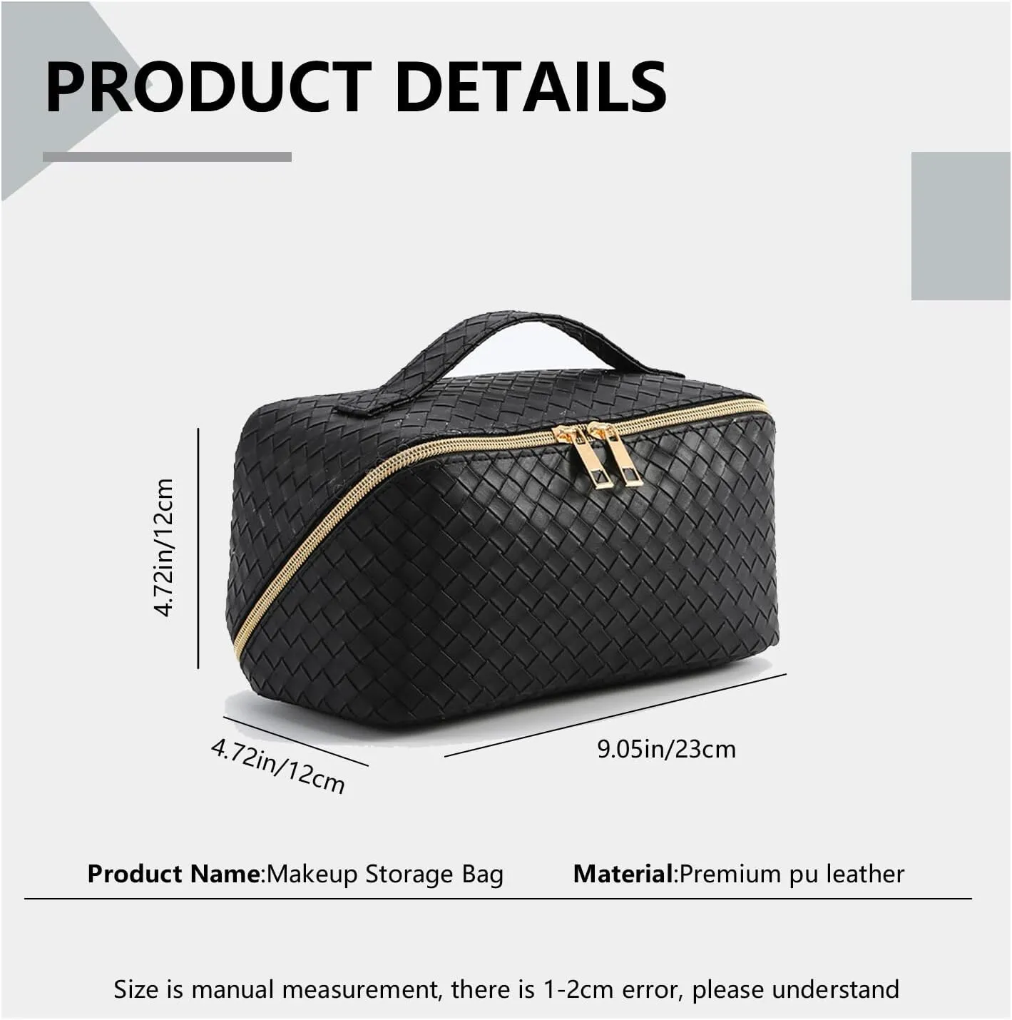 Large Capacity Travel Makeup Bag for Women - Waterproof PU Leather Cosmetic Bag with Handle, Portable Makeup Organizer Pouch w/Compartments, Foldable Toiletry Bag for Cosmetics (Black)