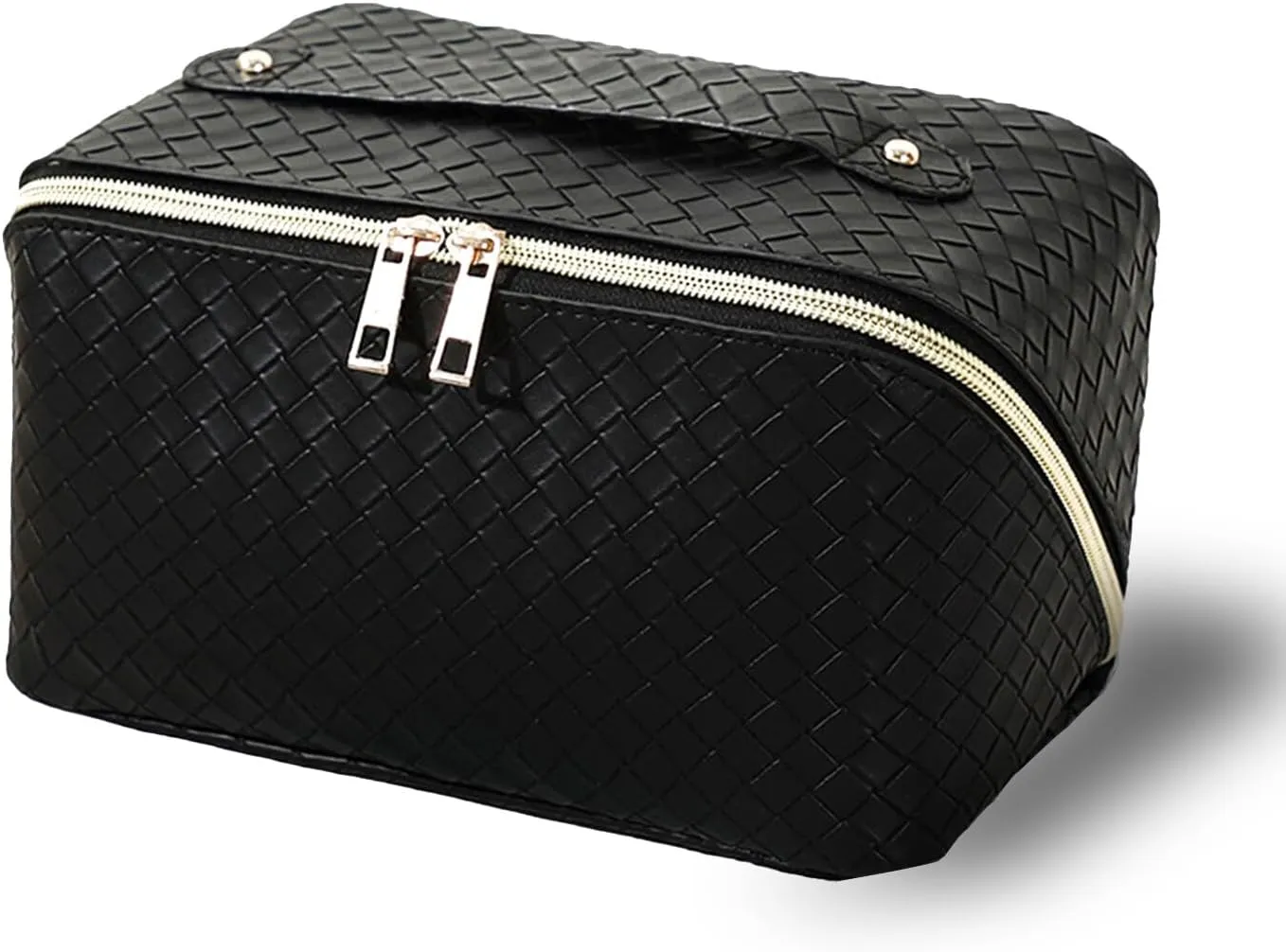 Large Capacity Travel Makeup Bag for Women - Waterproof PU Leather Cosmetic Bag with Handle, Portable Makeup Organizer Pouch w/Compartments, Foldable Toiletry Bag for Cosmetics (Black)