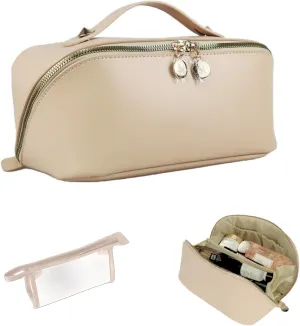 Large Capacity Travel Makeup Bag Organizer Set – Includes Transparent Pouch & Dust Bag – PU Leather Cosmetic & Toiletry Case for Women – With Dividers, Handle & Portable Design – [Full Beige]