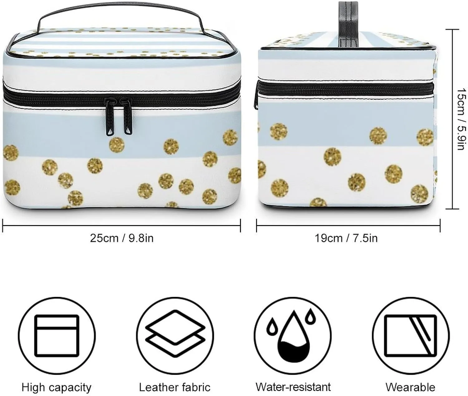 Large Makeup Bag, Blue White Stripe Gold Confetti Cosmetic Bag for Women Girls, Portable Toiletry Bag, Travel Make Up Organizer Bag