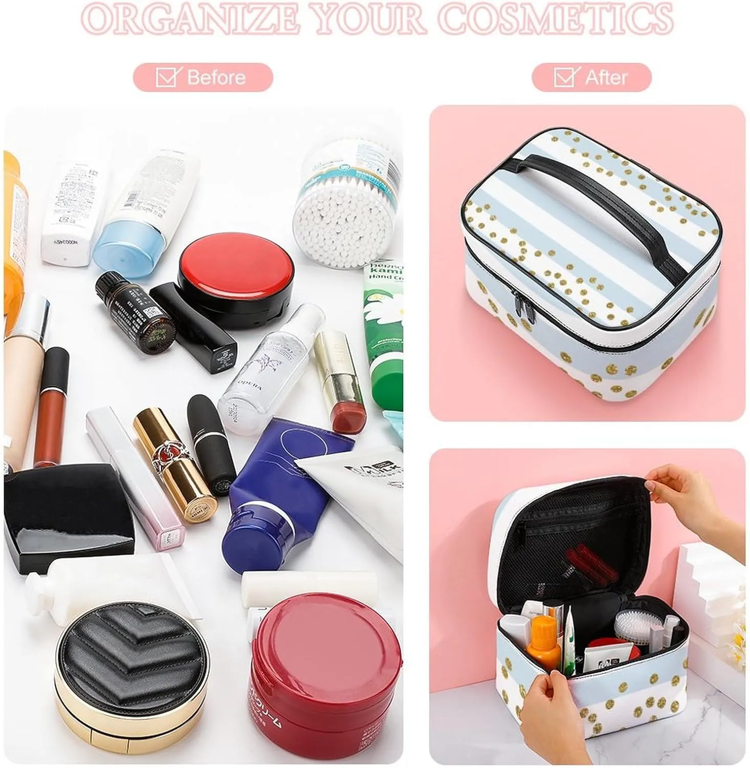 Large Makeup Bag, Blue White Stripe Gold Confetti Cosmetic Bag for Women Girls, Portable Toiletry Bag, Travel Make Up Organizer Bag