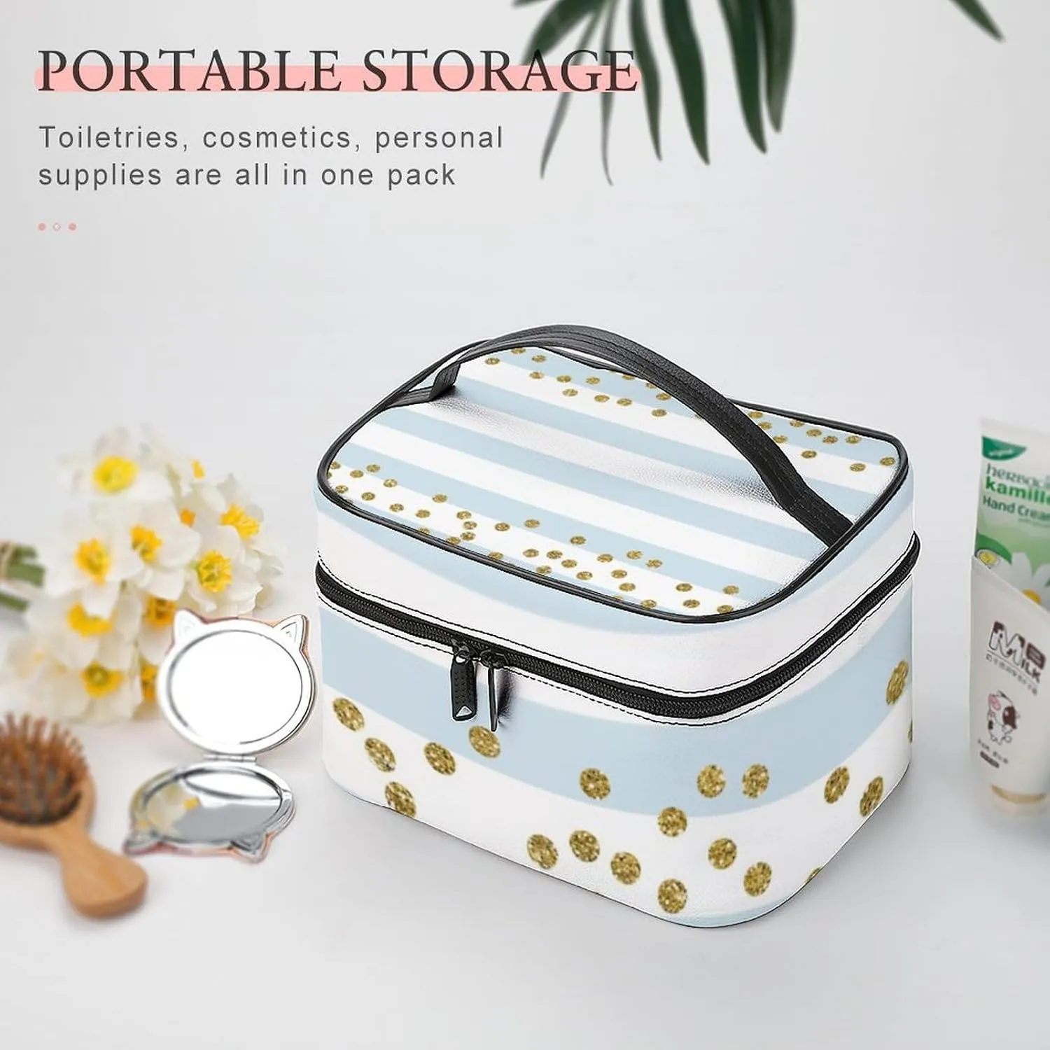Large Makeup Bag, Blue White Stripe Gold Confetti Cosmetic Bag for Women Girls, Portable Toiletry Bag, Travel Make Up Organizer Bag