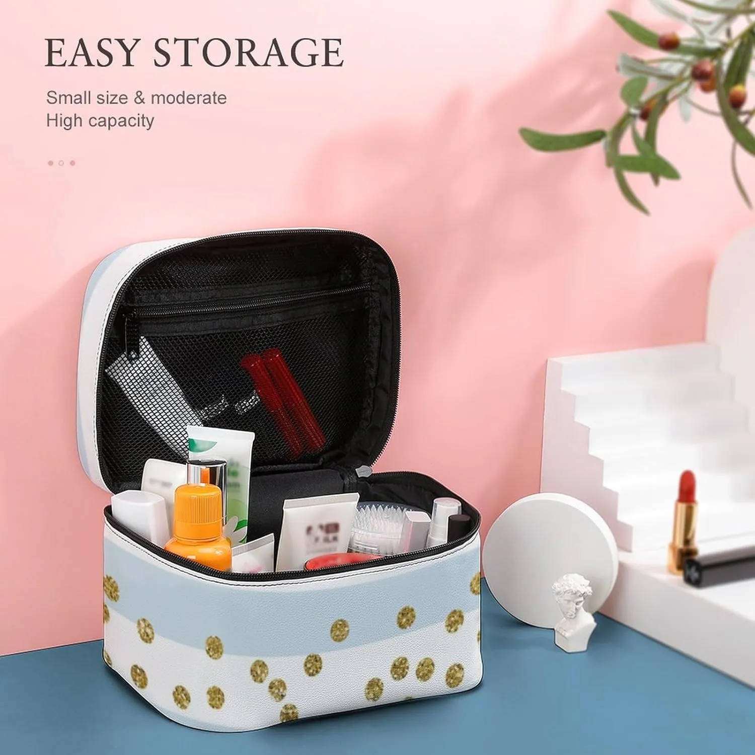 Large Makeup Bag, Blue White Stripe Gold Confetti Cosmetic Bag for Women Girls, Portable Toiletry Bag, Travel Make Up Organizer Bag