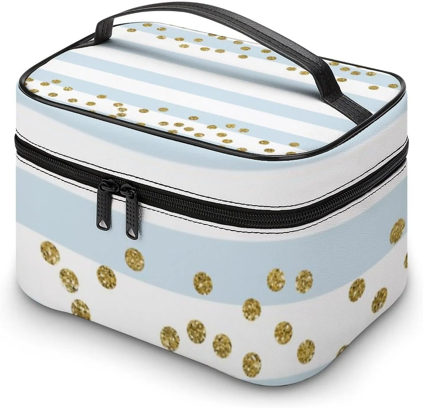 Large Makeup Bag, Blue White Stripe Gold Confetti Cosmetic Bag for Women Girls, Portable Toiletry Bag, Travel Make Up Organizer Bag