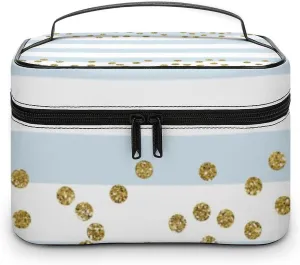 Large Makeup Bag, Blue White Stripe Gold Confetti Cosmetic Bag for Women Girls, Portable Toiletry Bag, Travel Make Up Organizer Bag