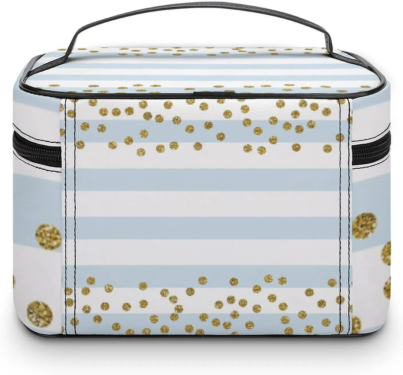 Large Makeup Bag, Blue White Stripe Gold Confetti Cosmetic Bag for Women Girls, Portable Toiletry Bag, Travel Make Up Organizer Bag