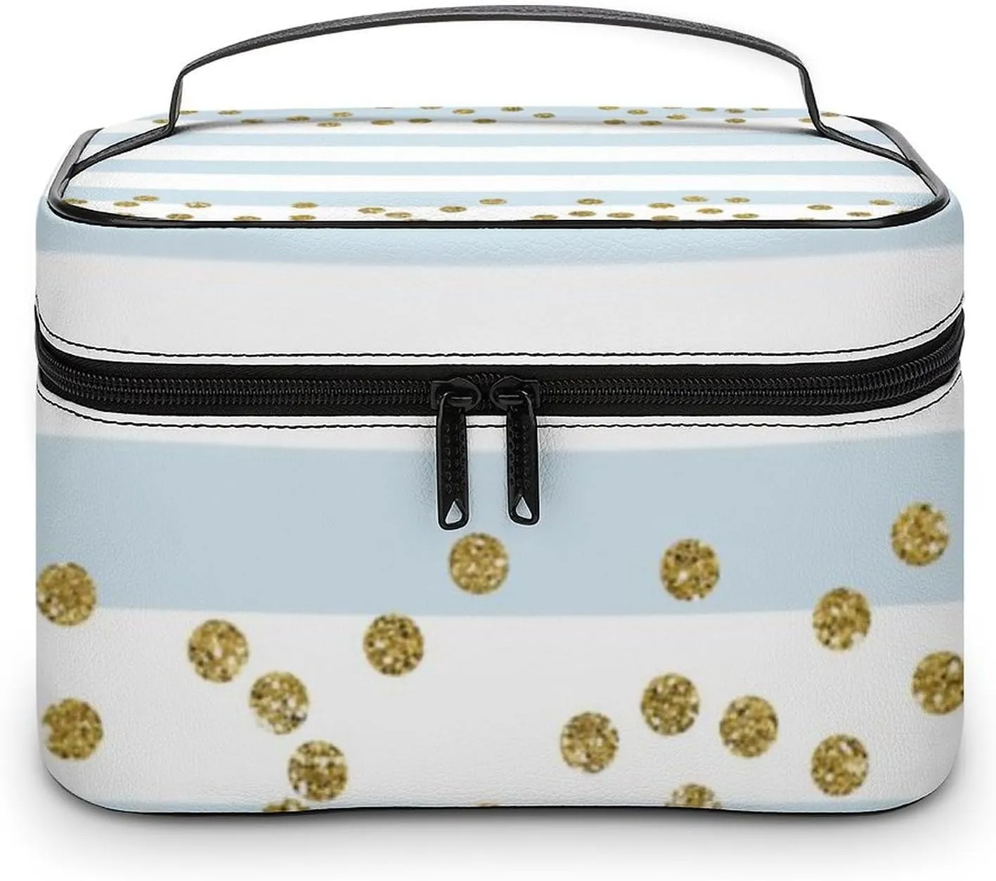 Large Makeup Bag, Blue White Stripe Gold Confetti Cosmetic Bag for Women Girls, Portable Toiletry Bag, Travel Make Up Organizer Bag