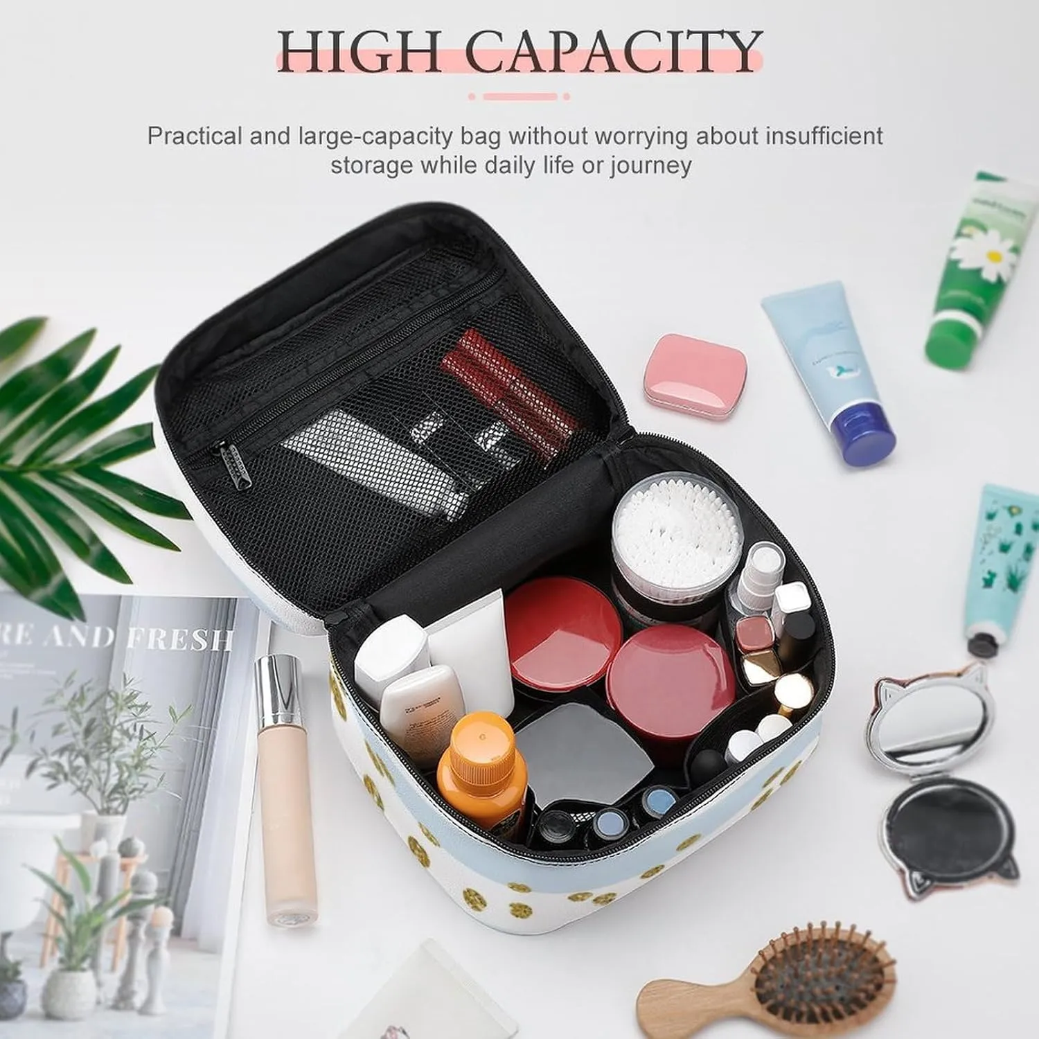 Large Makeup Bag, Blue White Stripe Gold Confetti Cosmetic Bag for Women Girls, Portable Toiletry Bag, Travel Make Up Organizer Bag