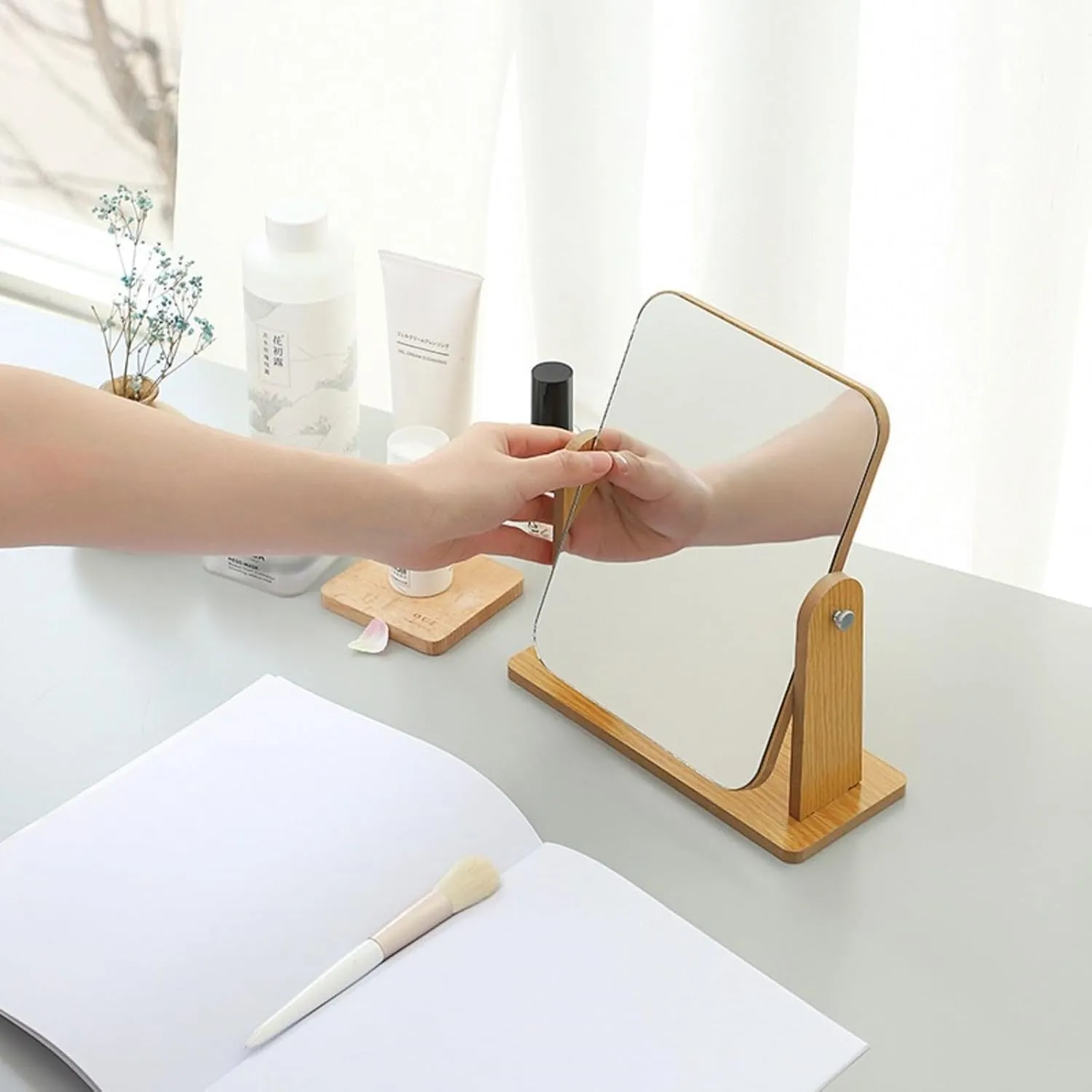 Large Portable Upright Makeup Mirror with Wooden Stand(Large vertical square mirror)