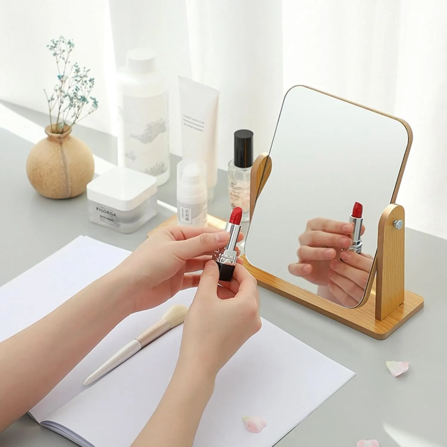Large Portable Upright Makeup Mirror with Wooden Stand(Large vertical square mirror)