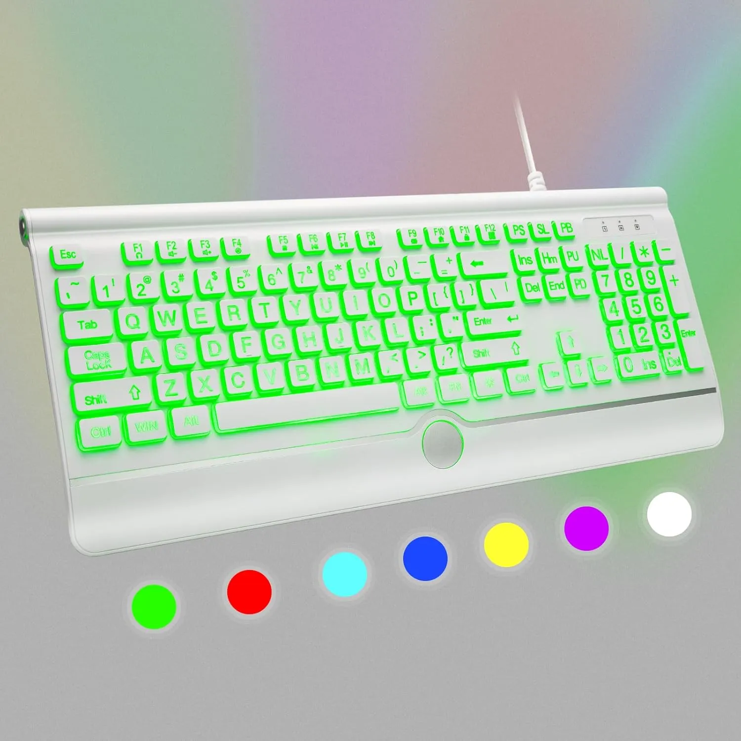 Large Print Backlit Computer Keyboard, USB Full Size Wired Keyboards with 7-Colors Backlight, Wrist Rest, Light Up Keyboard for Windows, PC, Laptop - Easy to See, Easy to Setup