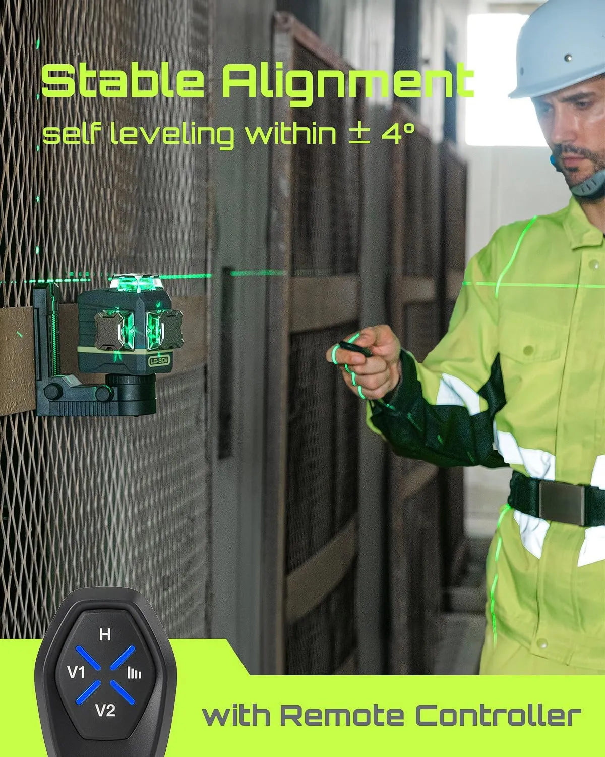 Laser Level Self Leveling 360°x3 Green Cross Line Laser Tool for Construction and Picture Hanging, Remote Control, Professional Magnetic Rotating Stand, 2 Rechargeable Batteries - LG-3Ds