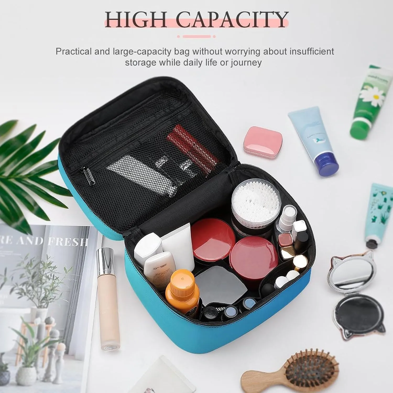 Leather Cosmetic Case, Blue Ombre Portable Makeup Bag Organizer Large Capacity Travel Toiletry Bag with Zipper