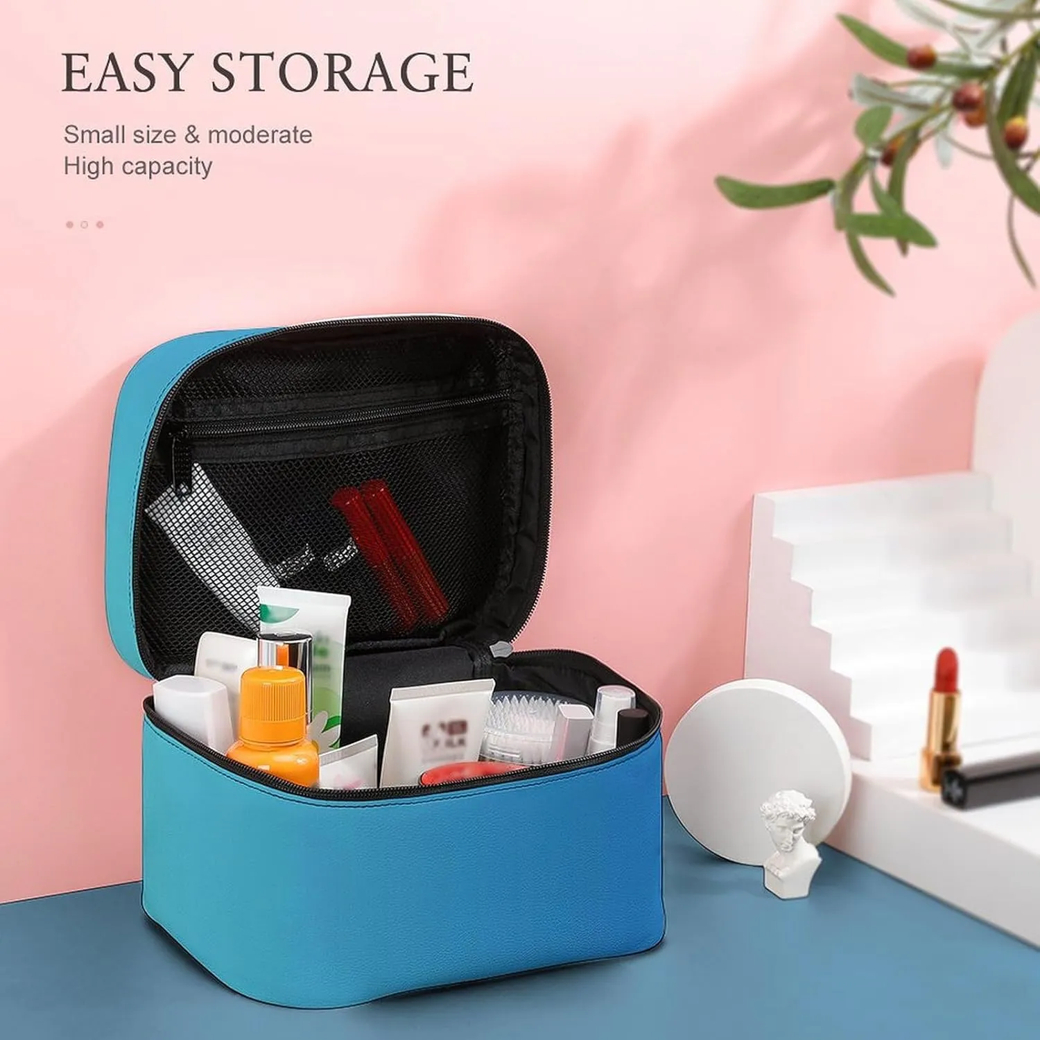 Leather Cosmetic Case, Blue Ombre Portable Makeup Bag Organizer Large Capacity Travel Toiletry Bag with Zipper
