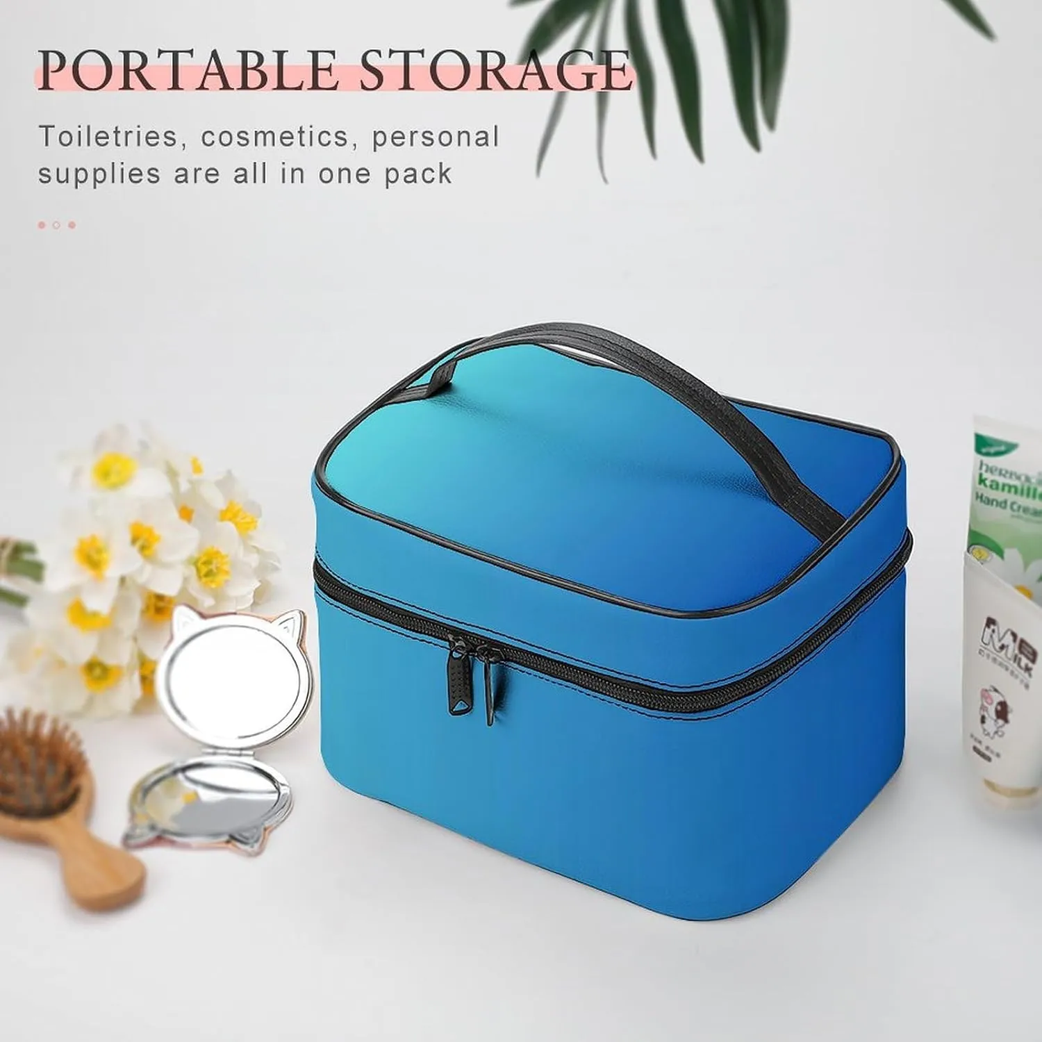 Leather Cosmetic Case, Blue Ombre Portable Makeup Bag Organizer Large Capacity Travel Toiletry Bag with Zipper