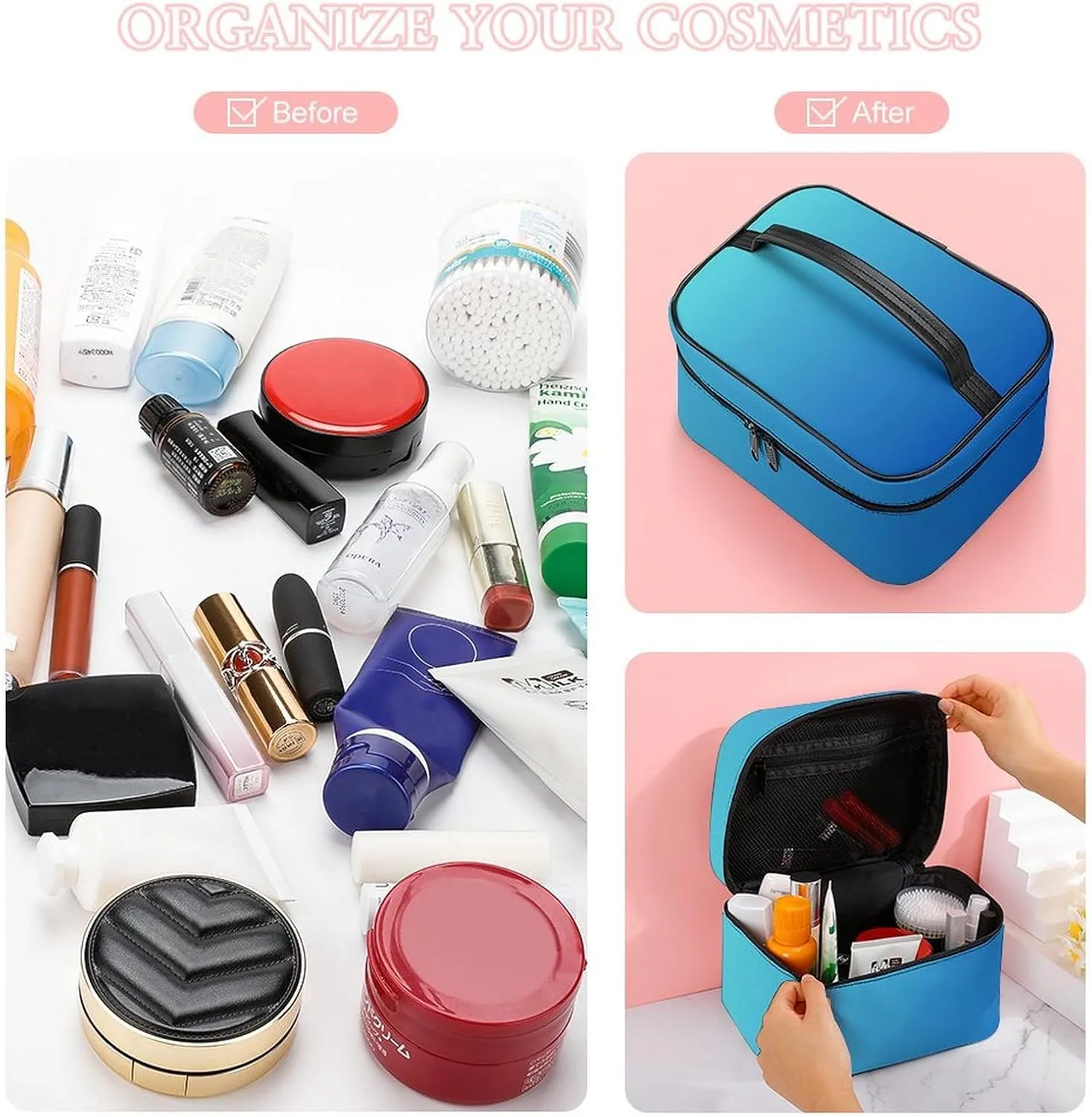 Leather Cosmetic Case, Blue Ombre Portable Makeup Bag Organizer Large Capacity Travel Toiletry Bag with Zipper