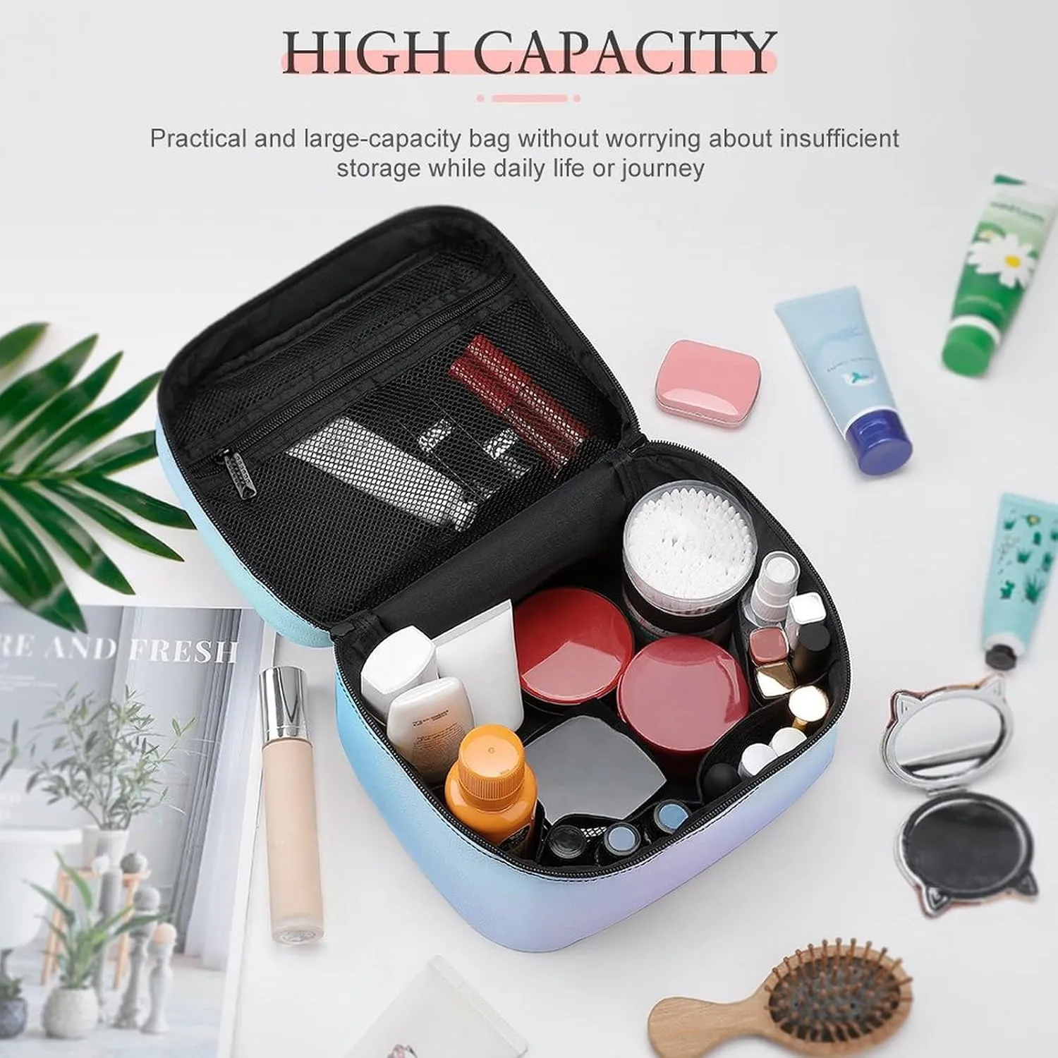 Leather Cosmetic Case, Trendy Blue and Purple Gradient Portable Makeup Bag Organizer Large Capacity Travel Toiletry Bag with Zipper