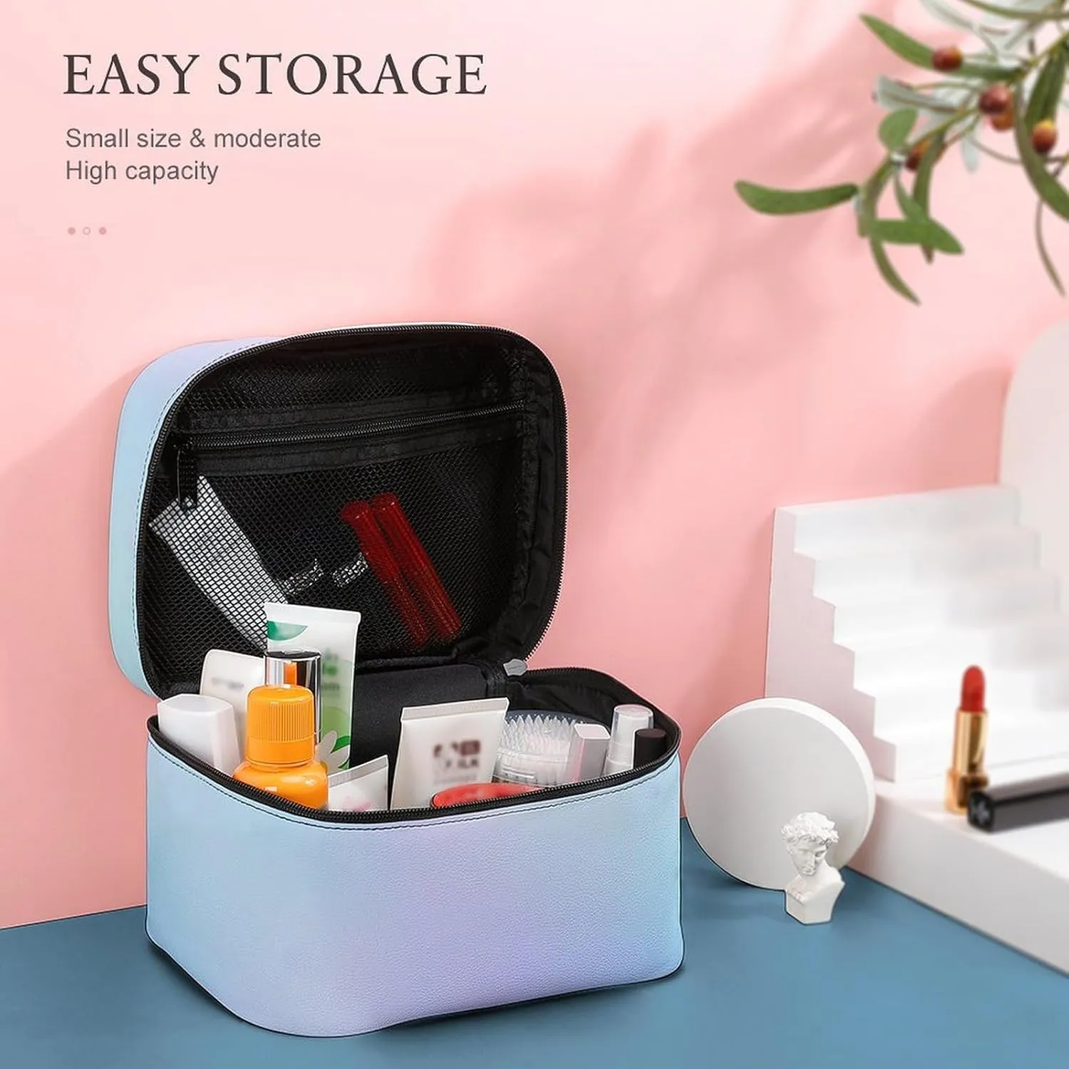 Leather Cosmetic Case, Trendy Blue and Purple Gradient Portable Makeup Bag Organizer Large Capacity Travel Toiletry Bag with Zipper