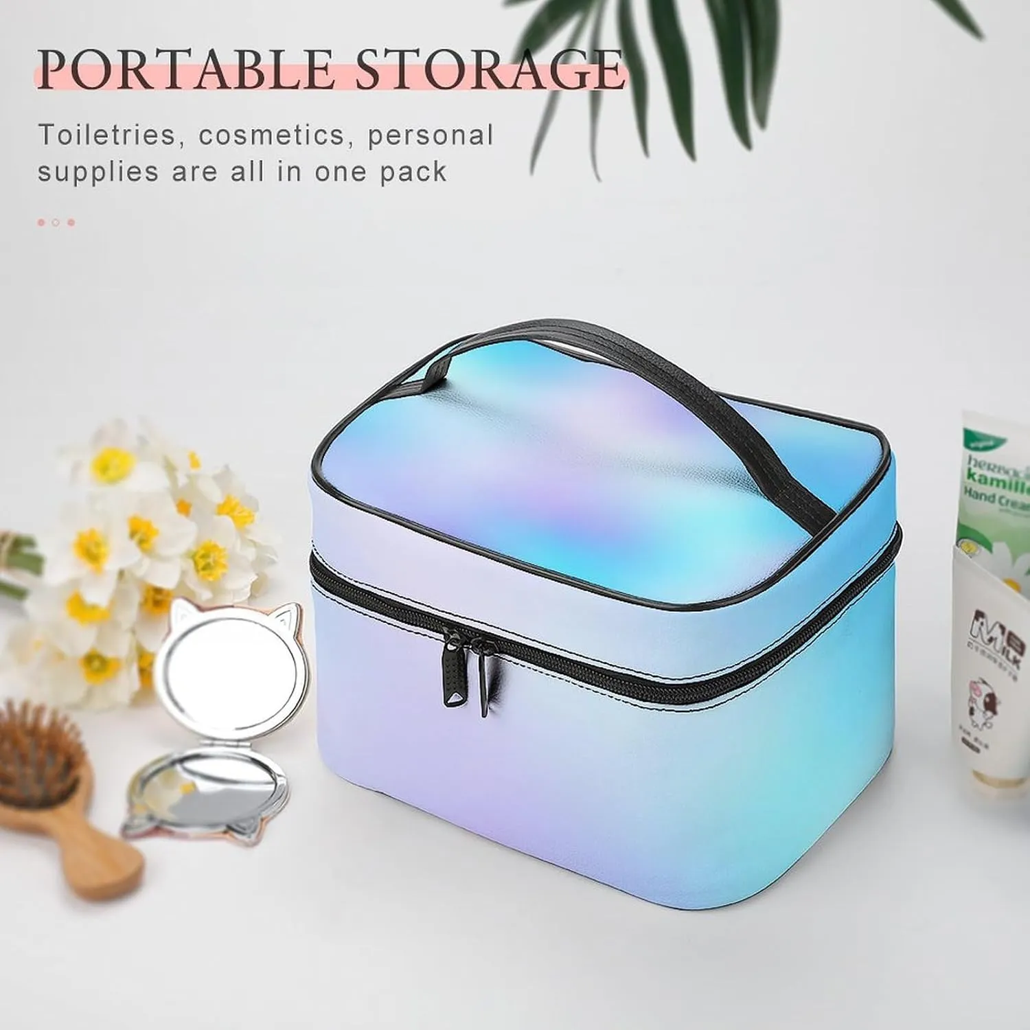 Leather Cosmetic Case, Trendy Blue and Purple Gradient Portable Makeup Bag Organizer Large Capacity Travel Toiletry Bag with Zipper