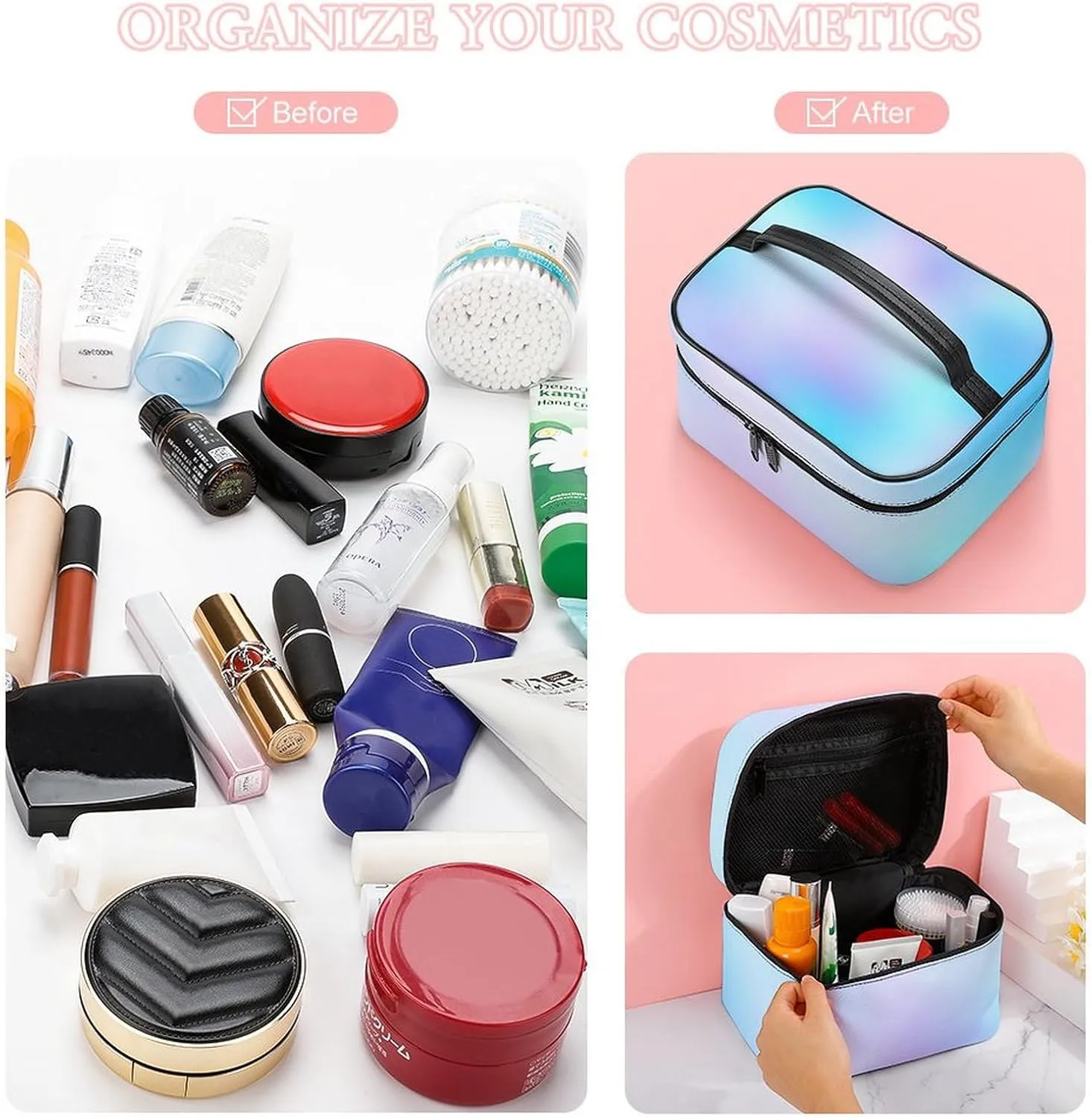 Leather Cosmetic Case, Trendy Blue and Purple Gradient Portable Makeup Bag Organizer Large Capacity Travel Toiletry Bag with Zipper