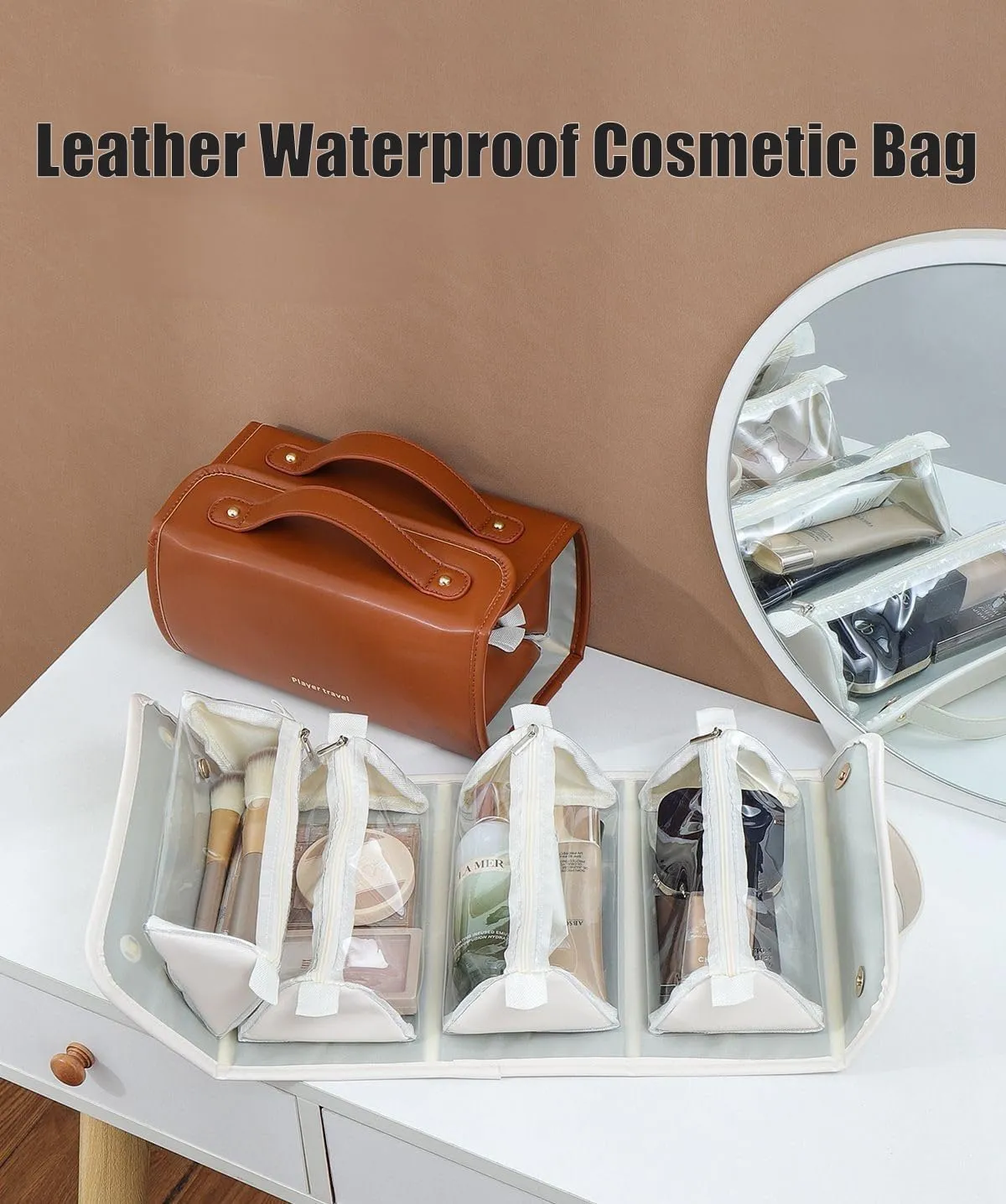 Leather Waterproof Cosmetic Bag, Travel Toiletry Bag 4 Detachable Clear Multi Compartment Hanging Makeup Bag Foldable Cosmetic Bag (Black)
